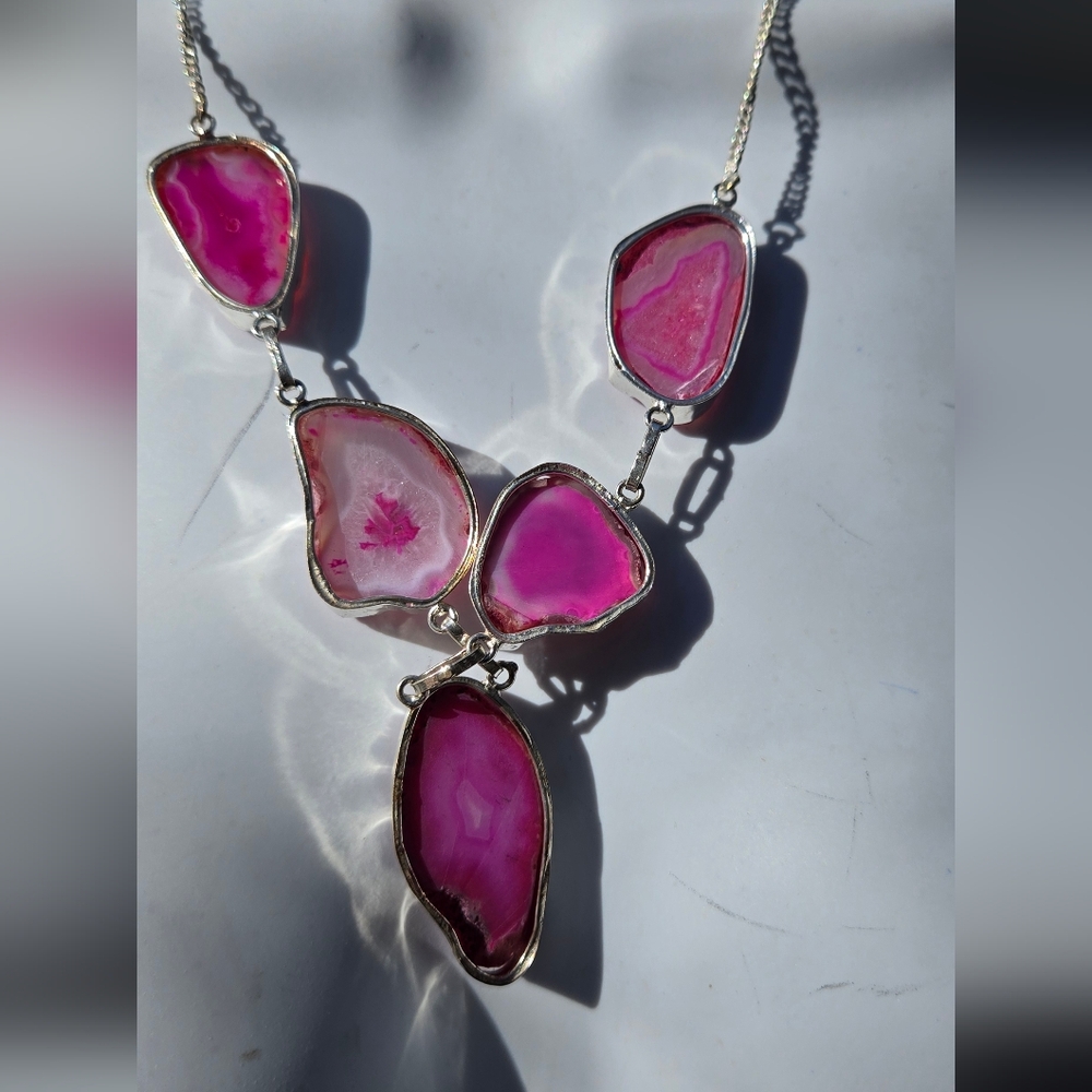 Pink Agate slice sterling Necklace 10"/20" - Picture 4 of 7